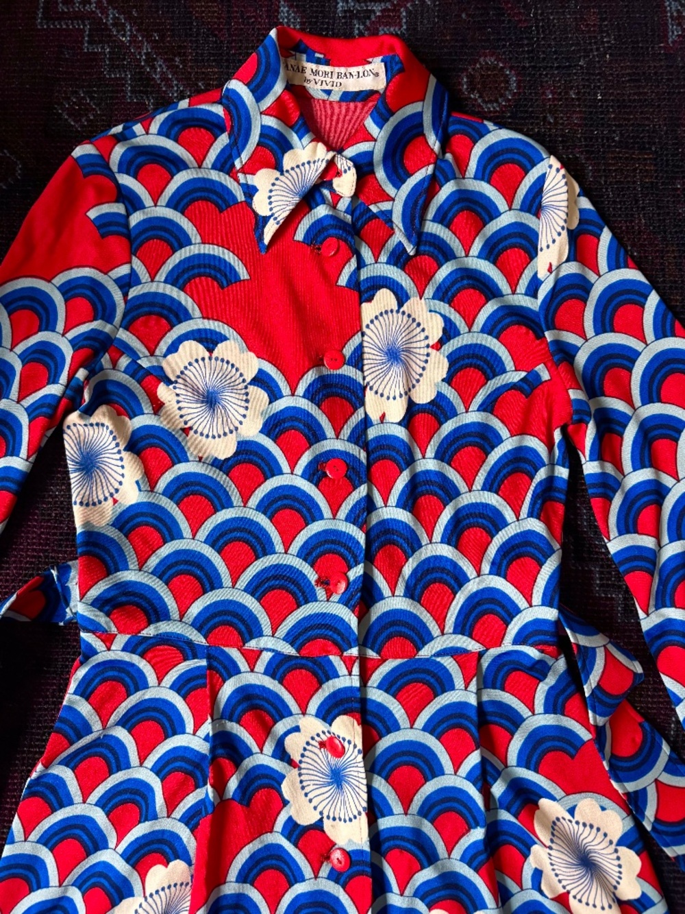 RARE Vintage Hanae Mori Midi Shirt Dress | Seigaiha Wave & Floral | Sz 2 Xs S - Picture 9 of 10